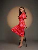 Orange Floral Front Twisted Midi Dress