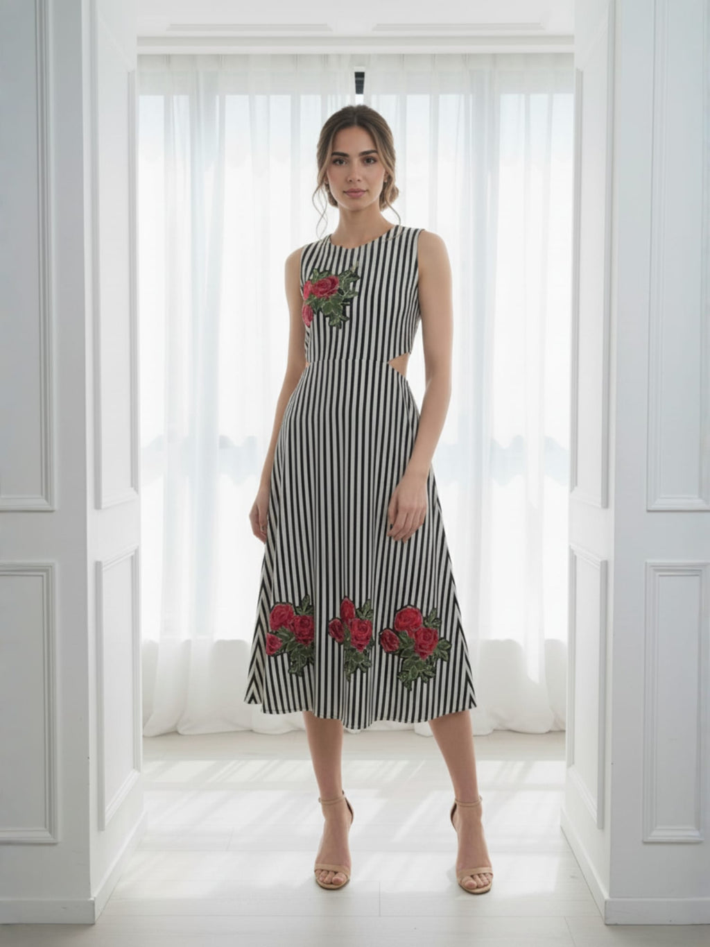 White and Black striped cut - out dress