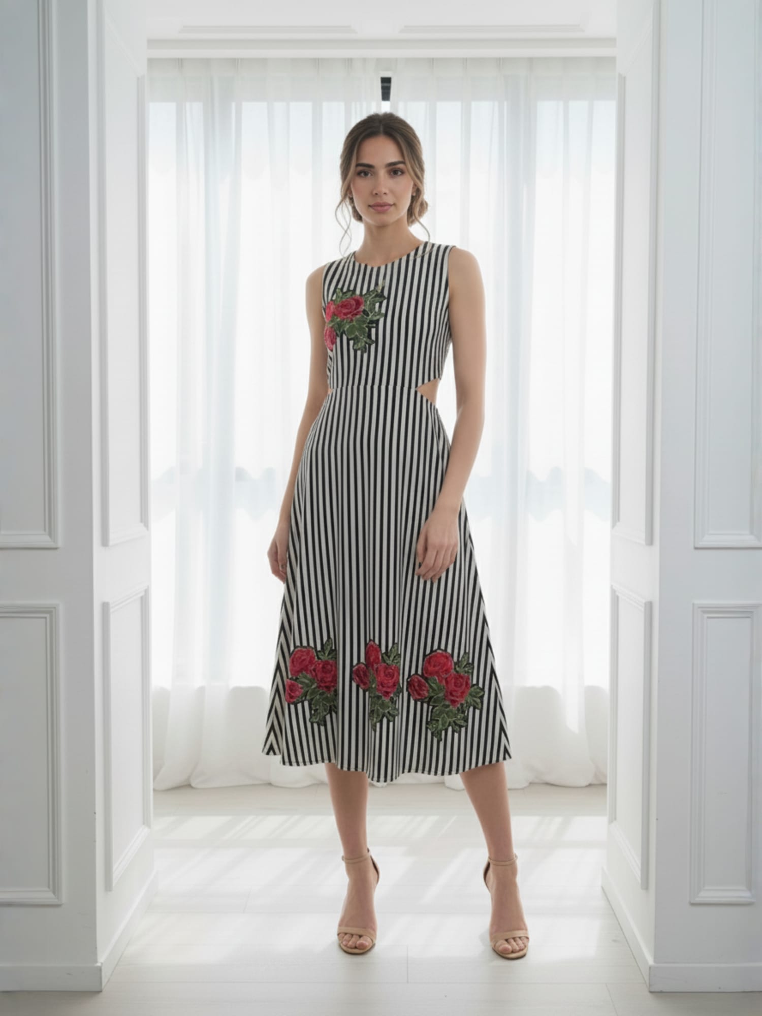 White and Black striped cut - out dress