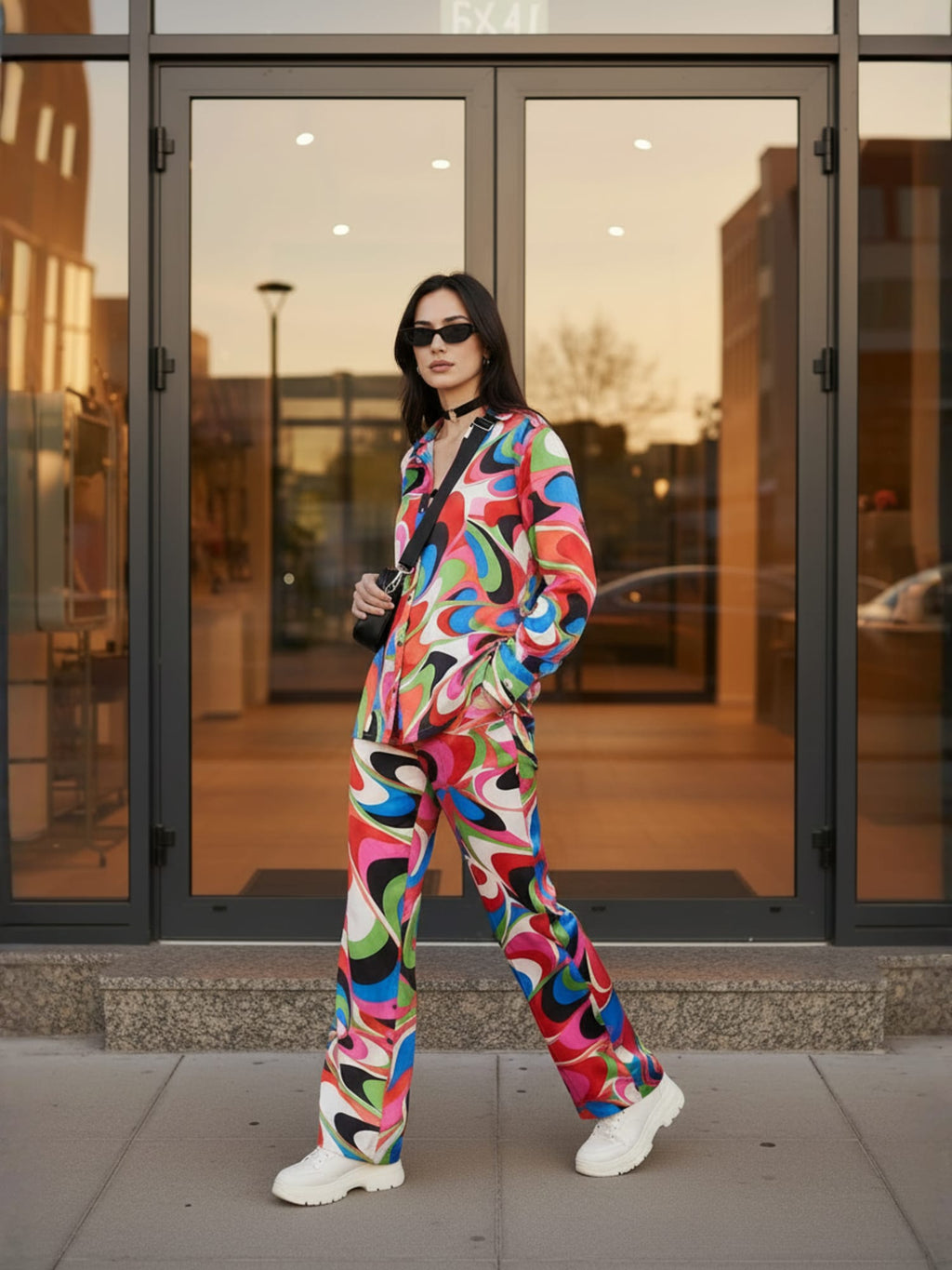Multi Abstract Satin Shirt With Darted Pants