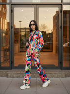 Multi Abstract Satin Shirt With Darted Pants