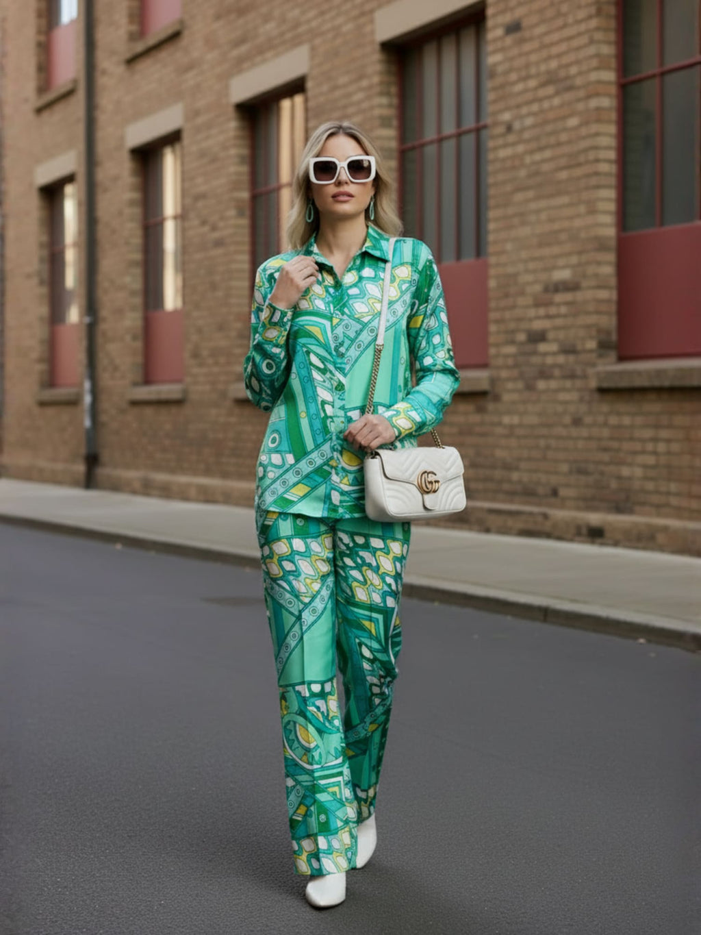 Blue Abstract Satin Shirt With Darted Pants