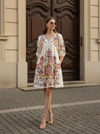 Off White Cotton Embroidered Empire Short Dress with Puff Sleeves