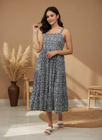 Cotton Lavender Printed Fit And Flare Midi Dress with Embroidered Jacket