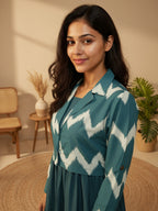 Cotton Fit And Flare Midi Dress with ikat Printed Jacket