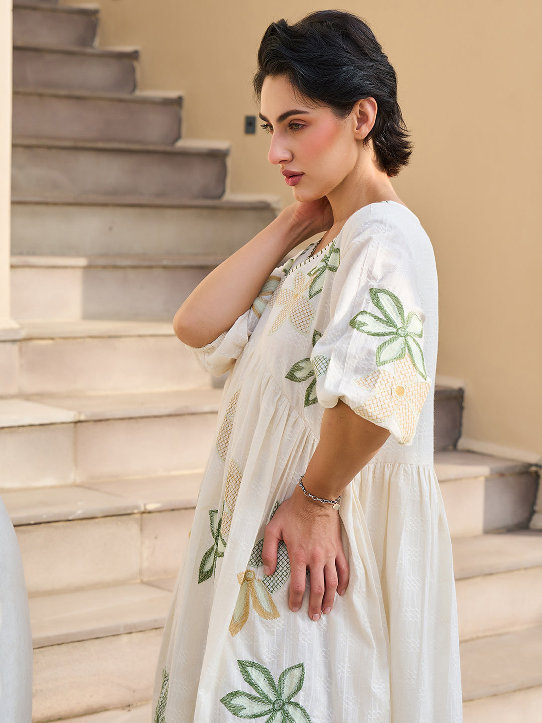Cotton Floral Embroidered  Puff Sleeve Short Dress