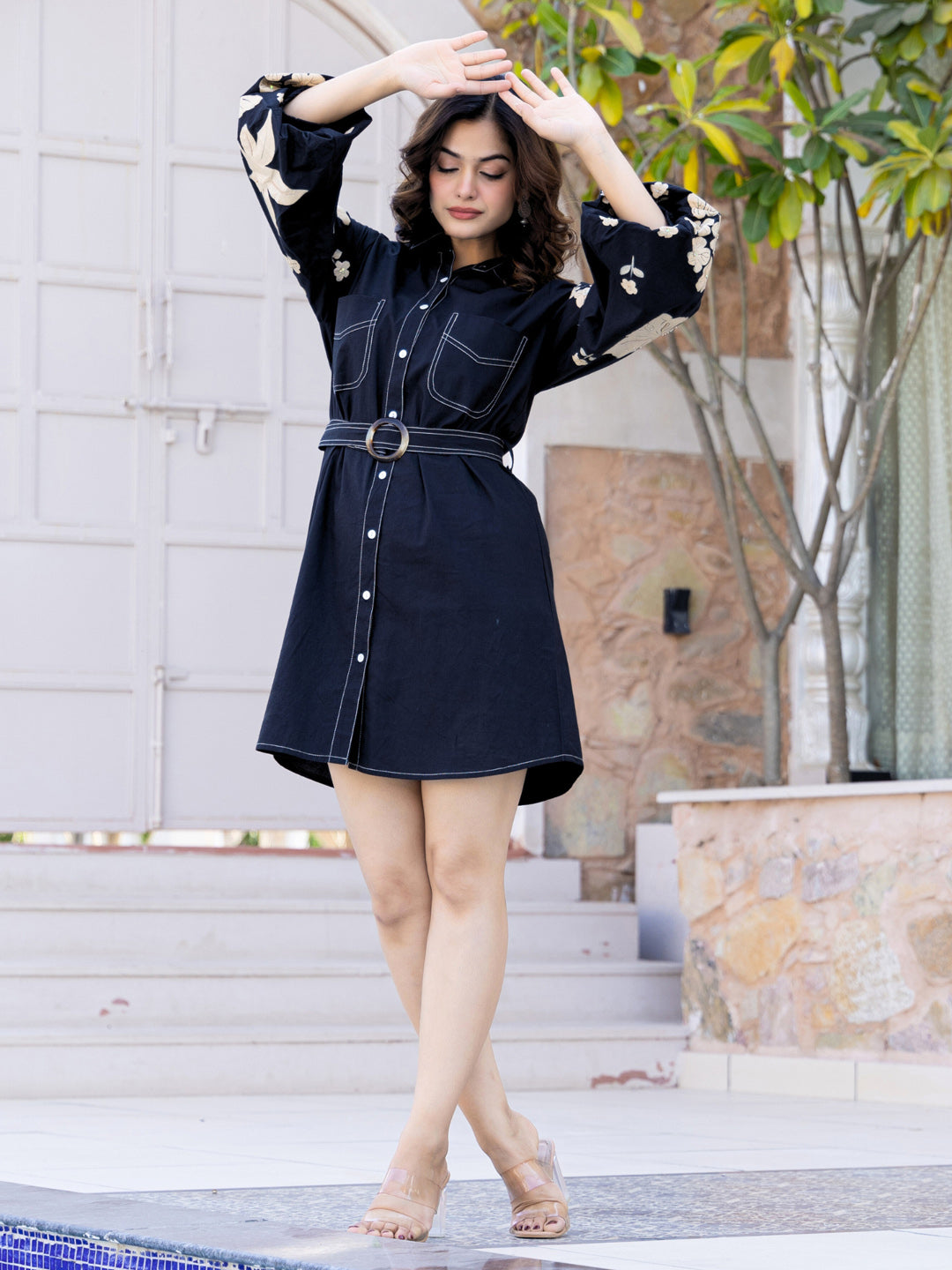 Cotton Floral Colourblocked Shirt Dress