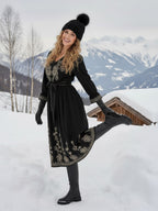 Black Cotton Embroidered Fit and Flare Midi Dress with Bell Sleeves