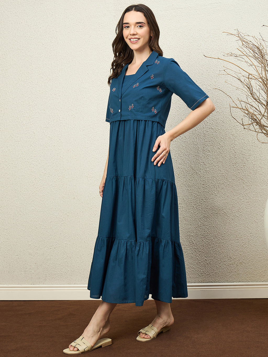 Zummer Cotton Flare Maxi Dress with Jacket – Teal, Off White & Maroon