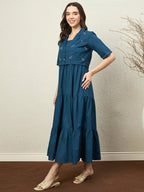 Zummer Cotton Flare Maxi Dress with Jacket – Teal, Off White & Maroon