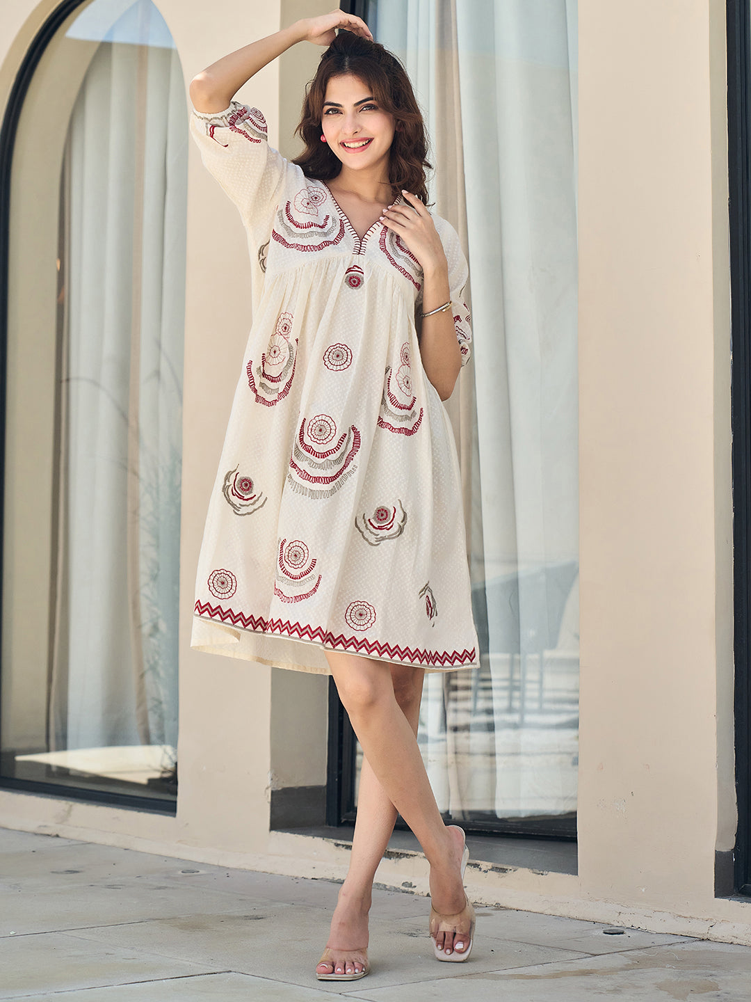 Cotton Embroidered  Puff Sleeve Short Dress
