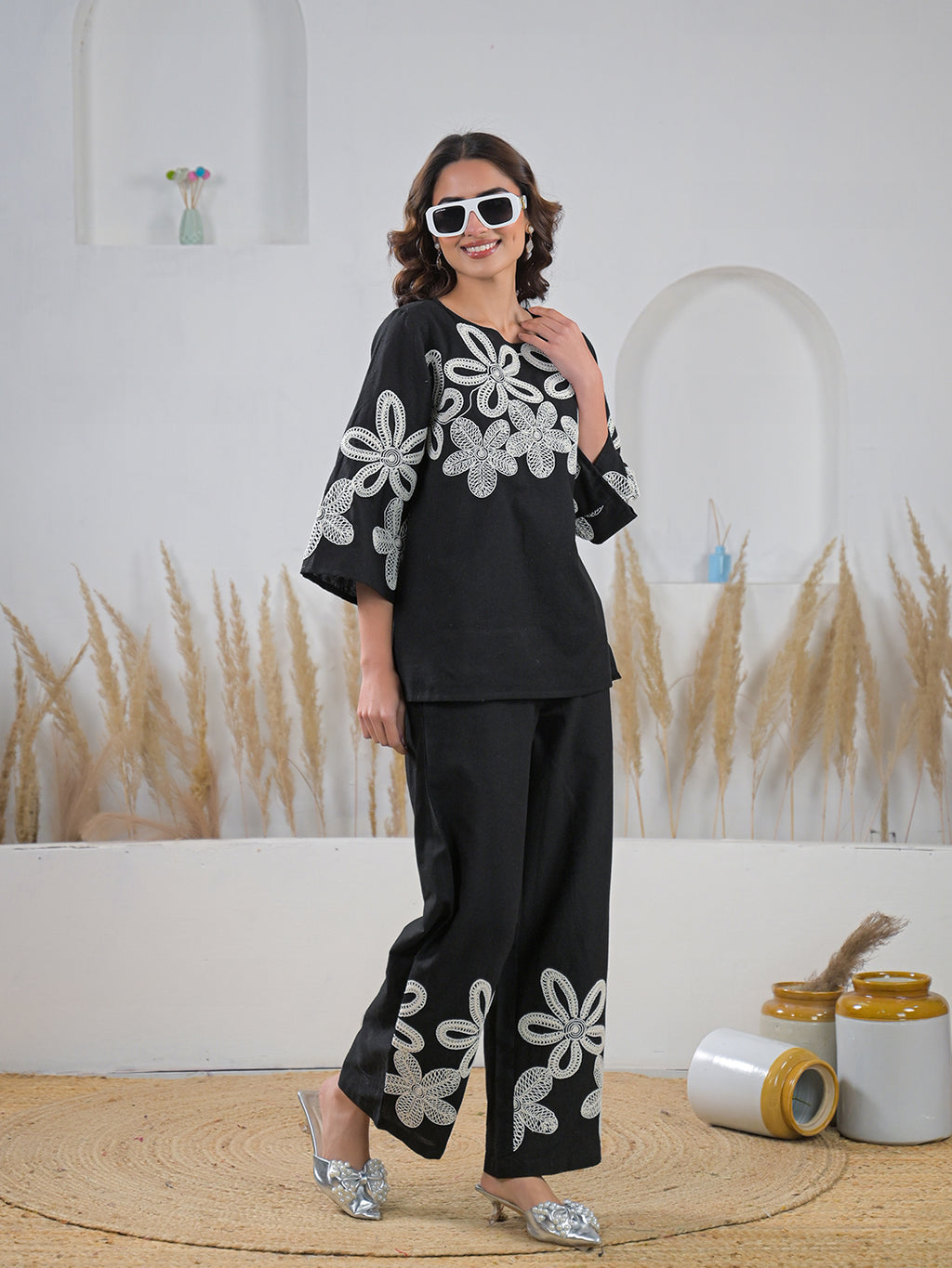 Zummer Co-ord Set – Black Embroidered Tunic & Palazzos