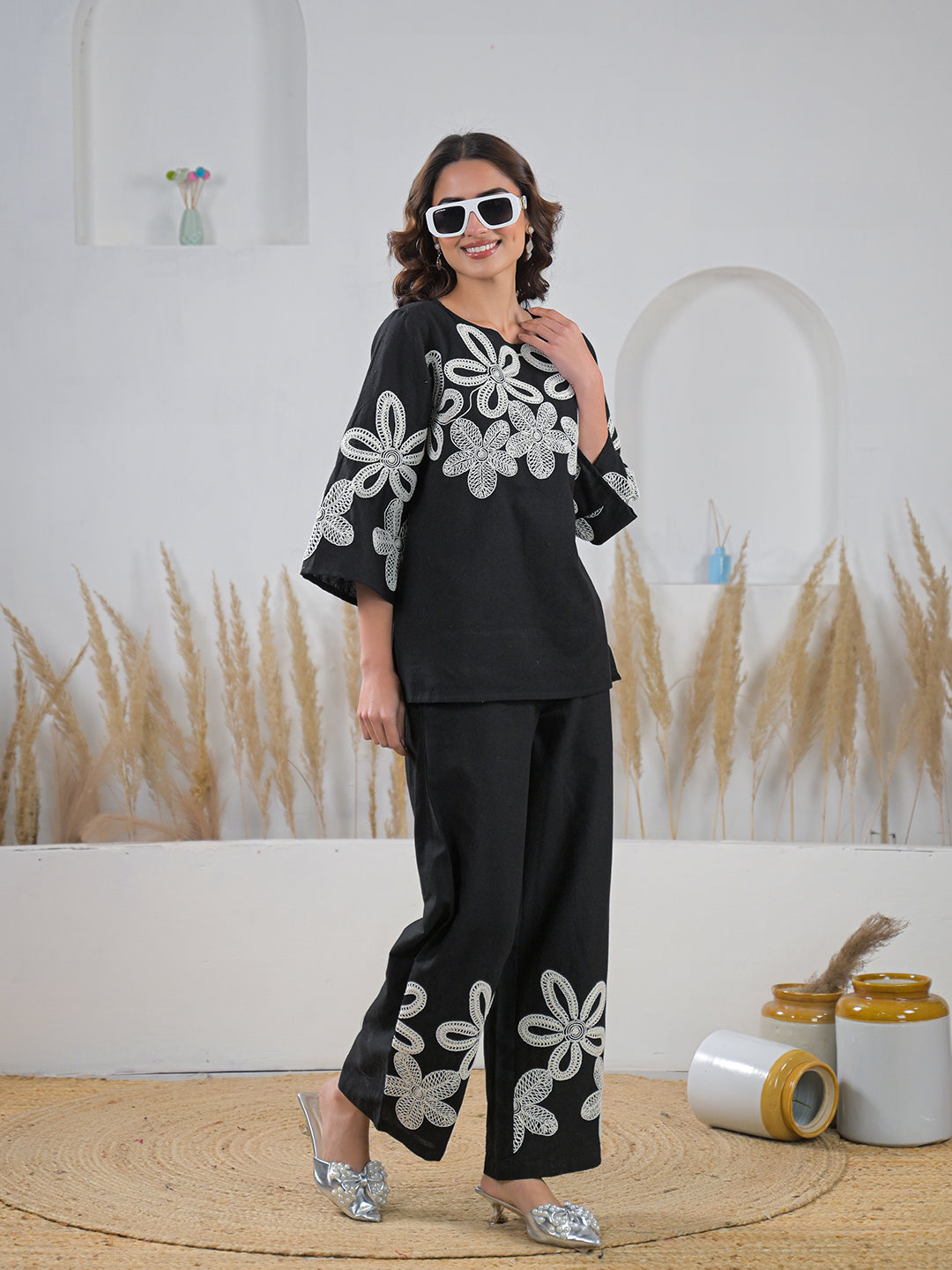 Zummer Co-ord Set – Black Embroidered Tunic & Palazzos