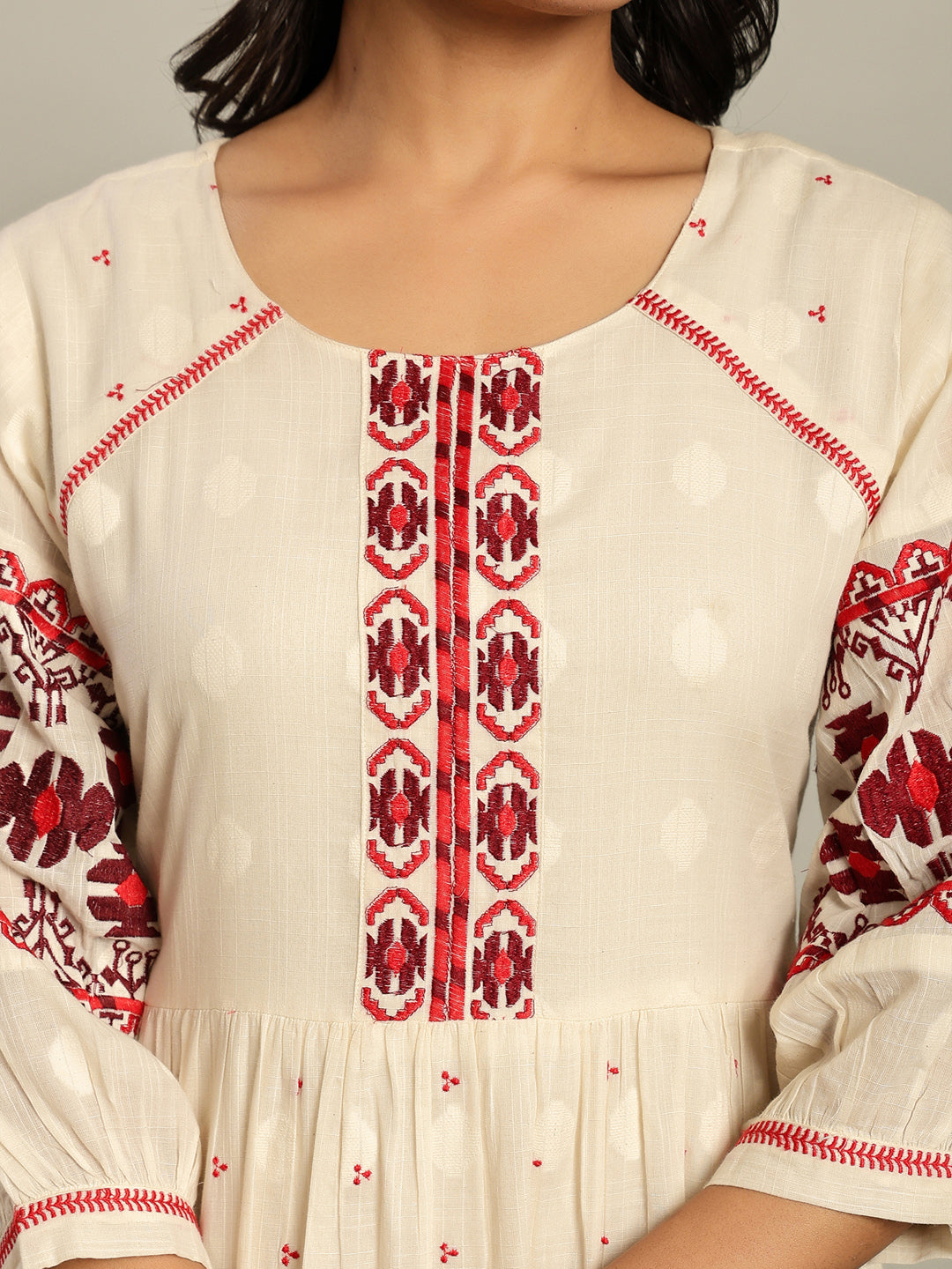 Cotton Off White Tribal Embroidered Midi Dress