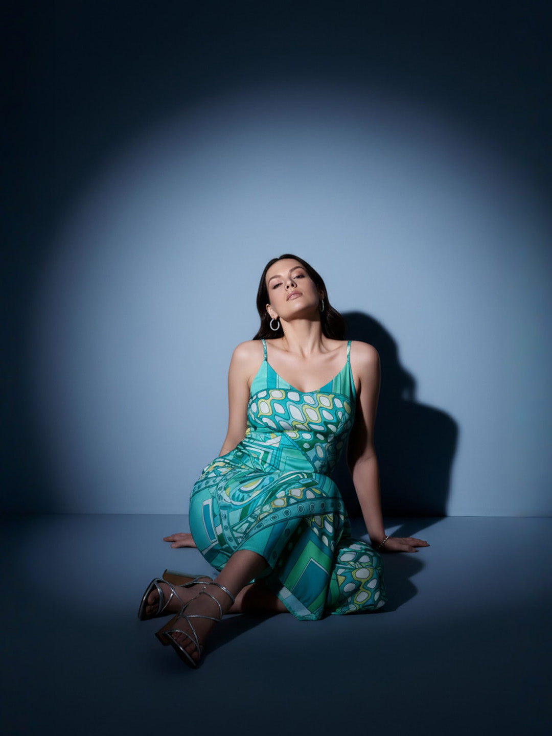 Blue Asbstract Satin Strappy Maxi Dress