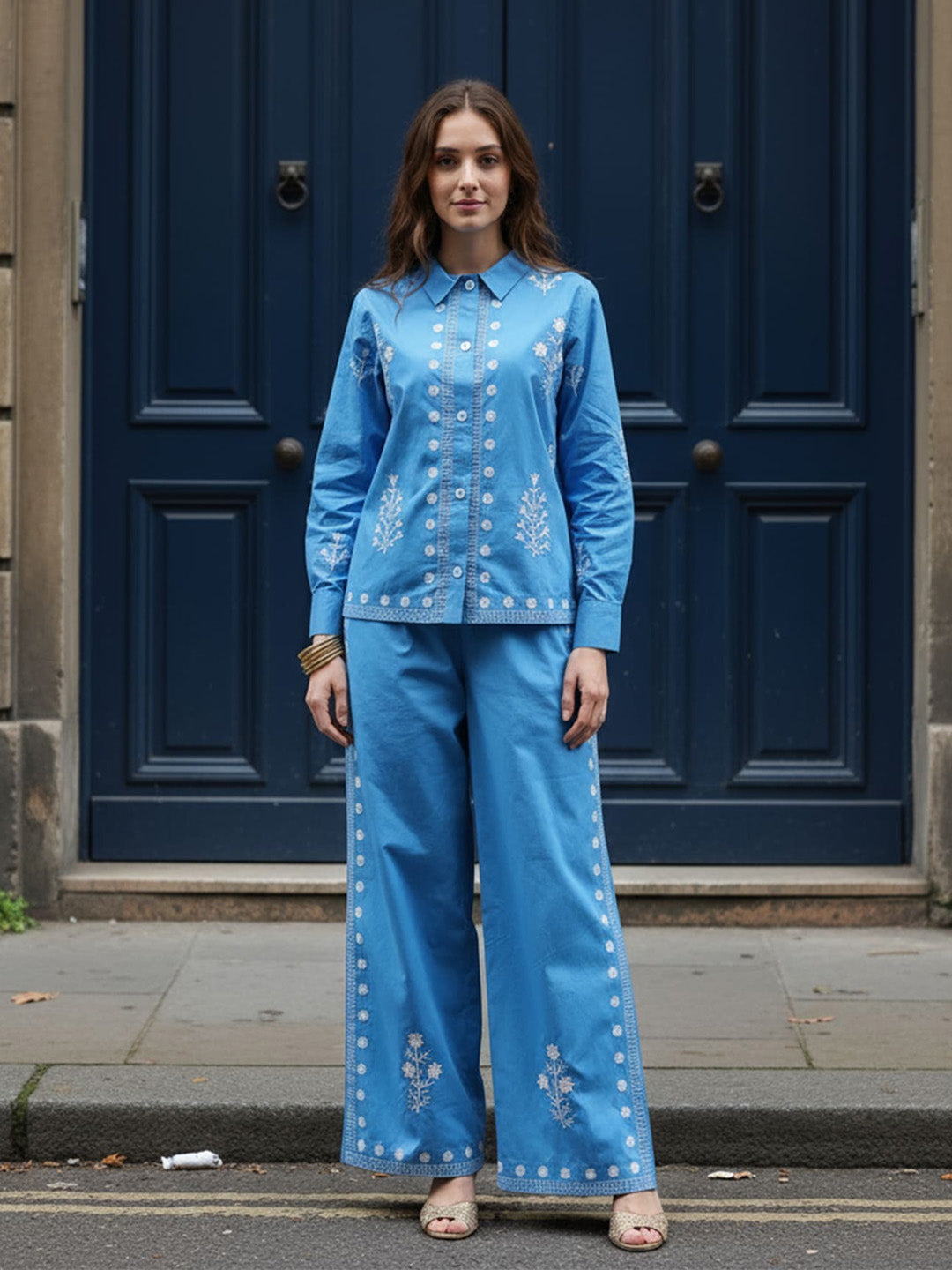Cotton Embroidered Shirt With Palazzos Co-Ords Set
