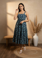 Cotton Navy Blue Printed Fit And Flare Midi Dress with Embroidered Jacket
