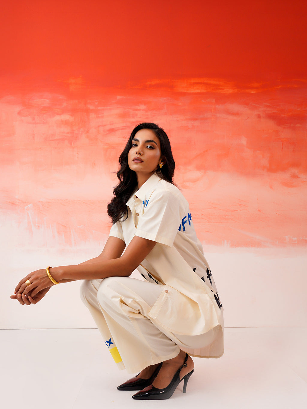 Zummer Hand-Painted Cotton Co-Ord Set with Shirt & Trousers – Off White, Cream & Multi