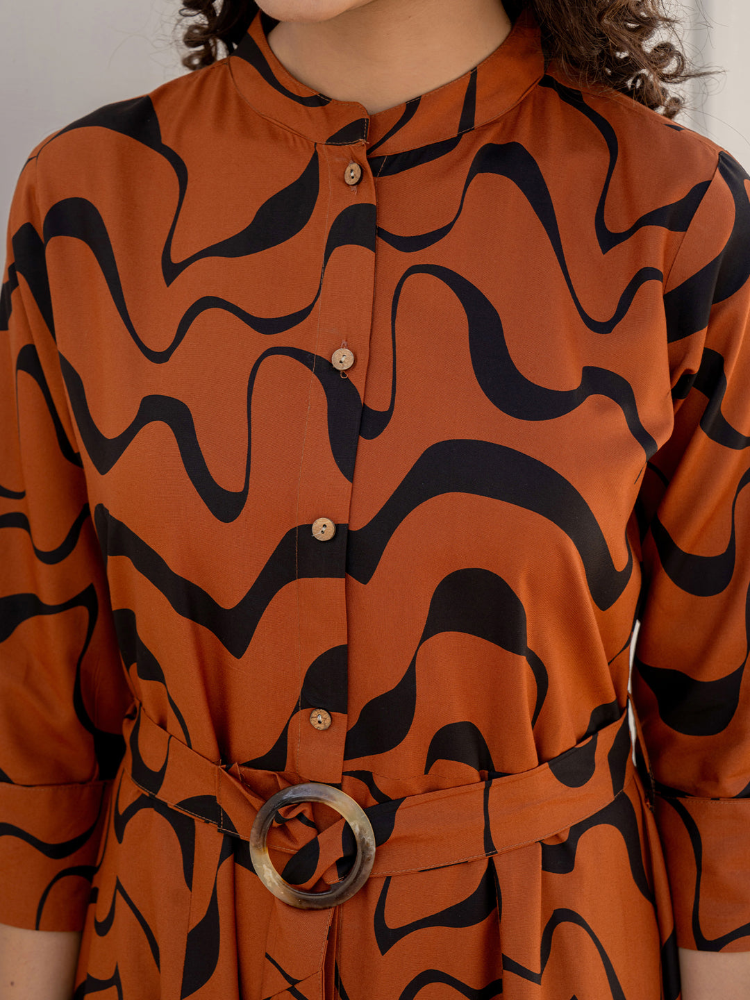 Rayon Brown Printed Fit And Flare Maxi Dress