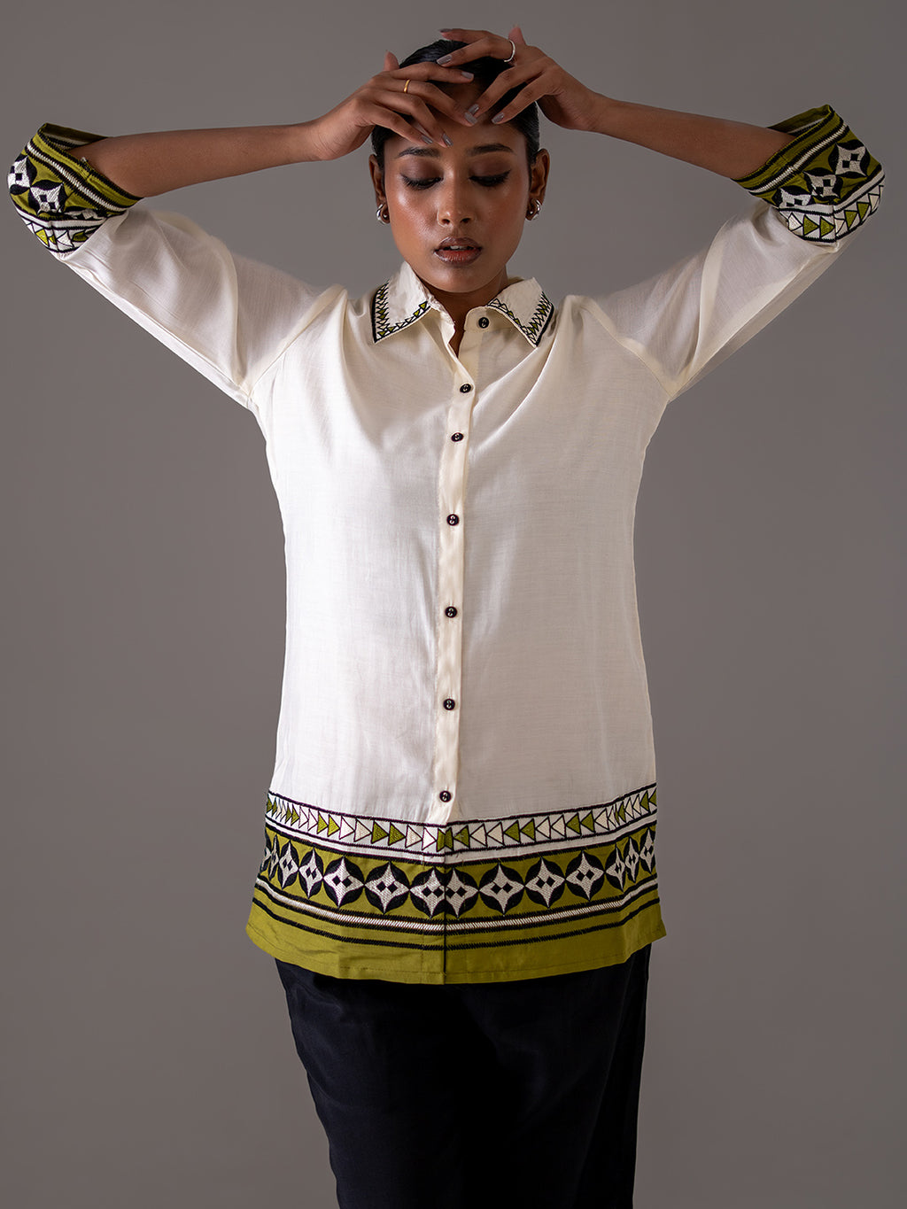 Cotton Off White And Black Embroidered Shirt With Trouser Co-Ords Set
