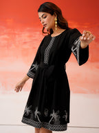 Zummer Embroidered Cotton Above-Knee Dress with Belt – Black, Charcoal & White