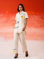 Zummer Hand-Painted Cotton Co-Ord Set with Shirt & Trousers – Off White, Cream & Multi