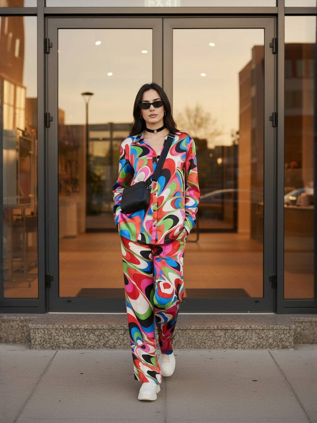 Multi Abstract Satin Shirt With Darted Pants