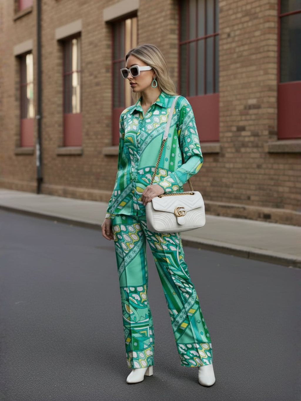 Blue Abstract Satin Shirt With Darted Pants