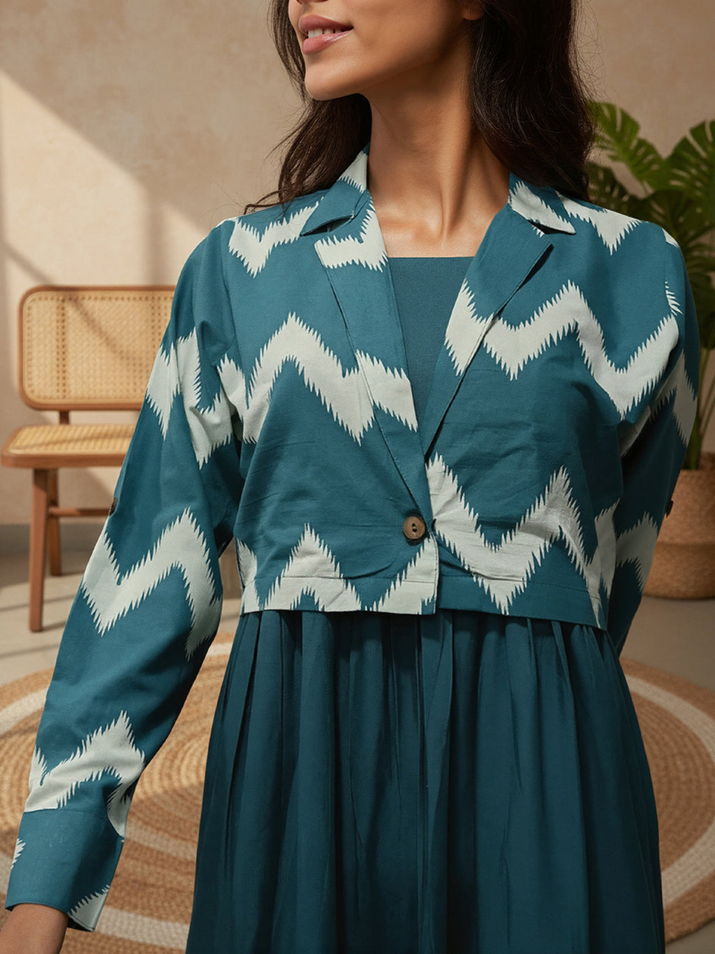 Cotton Fit And Flare Midi Dress with ikat Printed Jacket