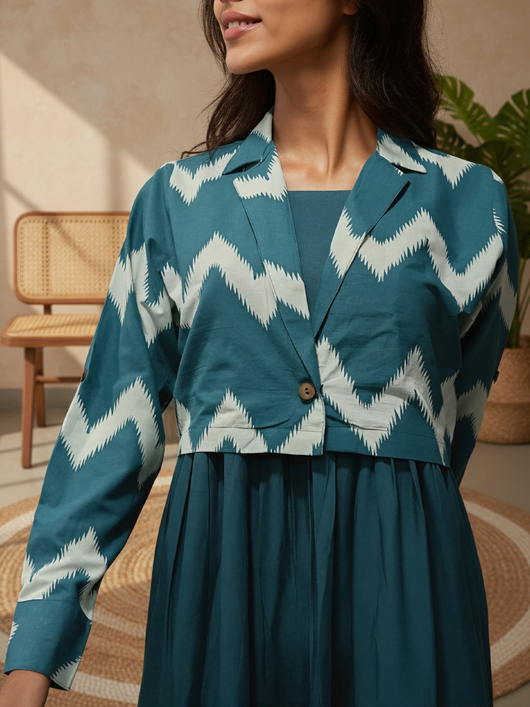 Cotton Fit And Flare Midi Dress with ikat Printed Jacket