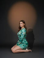 Blue Abstract Satin Wrap Tie Short Dress