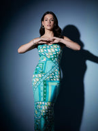 Blue Asbstract Satin Strappy Maxi Dress