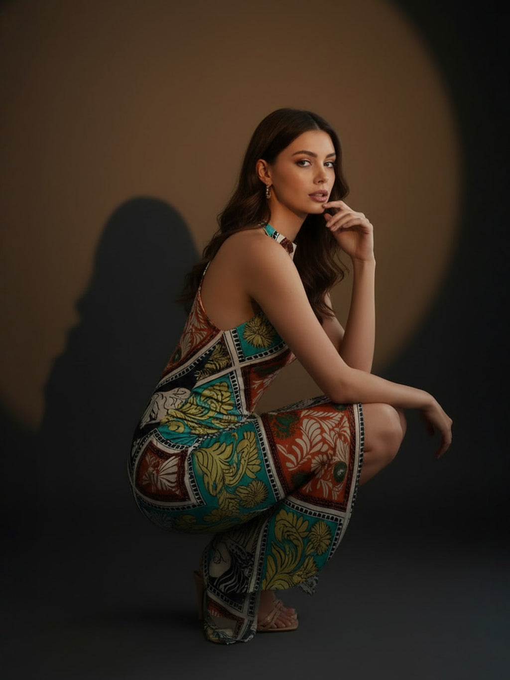 Multi Floral Satin Halter Neck Midi Dress