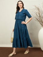 Zummer Cotton Flare Maxi Dress with Jacket – Teal, Off White & Maroon