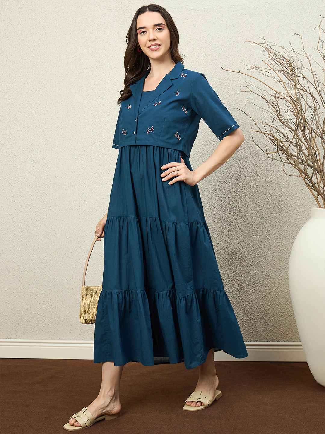 Zummer Cotton Flare Maxi Dress with Jacket – Teal, Off White & Maroon