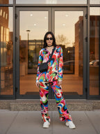 Multi Abstract Satin Shirt With Darted Pants