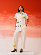 Zummer Hand-Painted Cotton Co-Ord Set with Shirt & Trousers – Off White, Cream & Multi