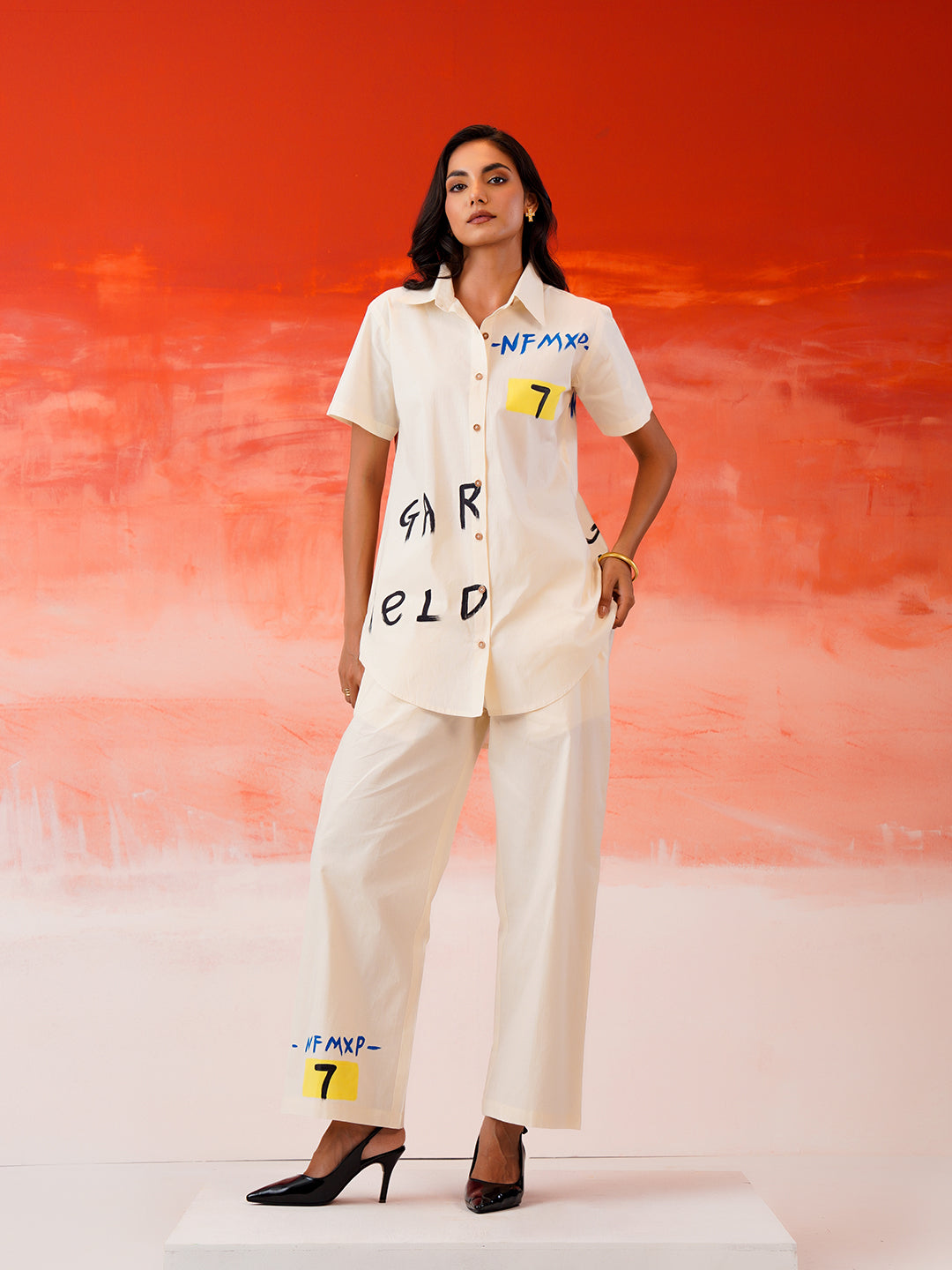 Zummer Hand-Painted Cotton Co-Ord Set with Shirt & Trousers – Off White, Cream & Multi