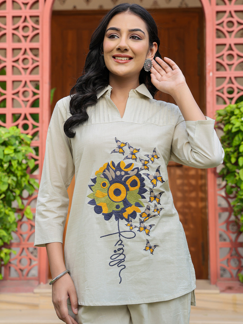 Cotton Embroidered Tunic With Trouser Co-Ords Set
