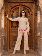 Zummer Women Beige Embroidered Pure Cotton Tunic & Trouser Co-Ord Set