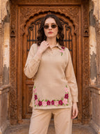 Zummer Women Beige Embroidered Pure Cotton Tunic & Trouser Co-Ord Set