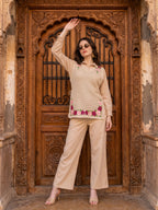 Zummer Women Beige Embroidered Pure Cotton Tunic & Trouser Co-Ord Set