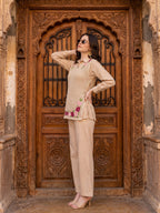 Zummer Women Beige Embroidered Pure Cotton Tunic & Trouser Co-Ord Set
