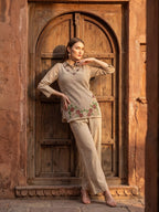 Zummer Women Beige Embroidered Pure Cotton Tunic & Trouser Co-Ord Set