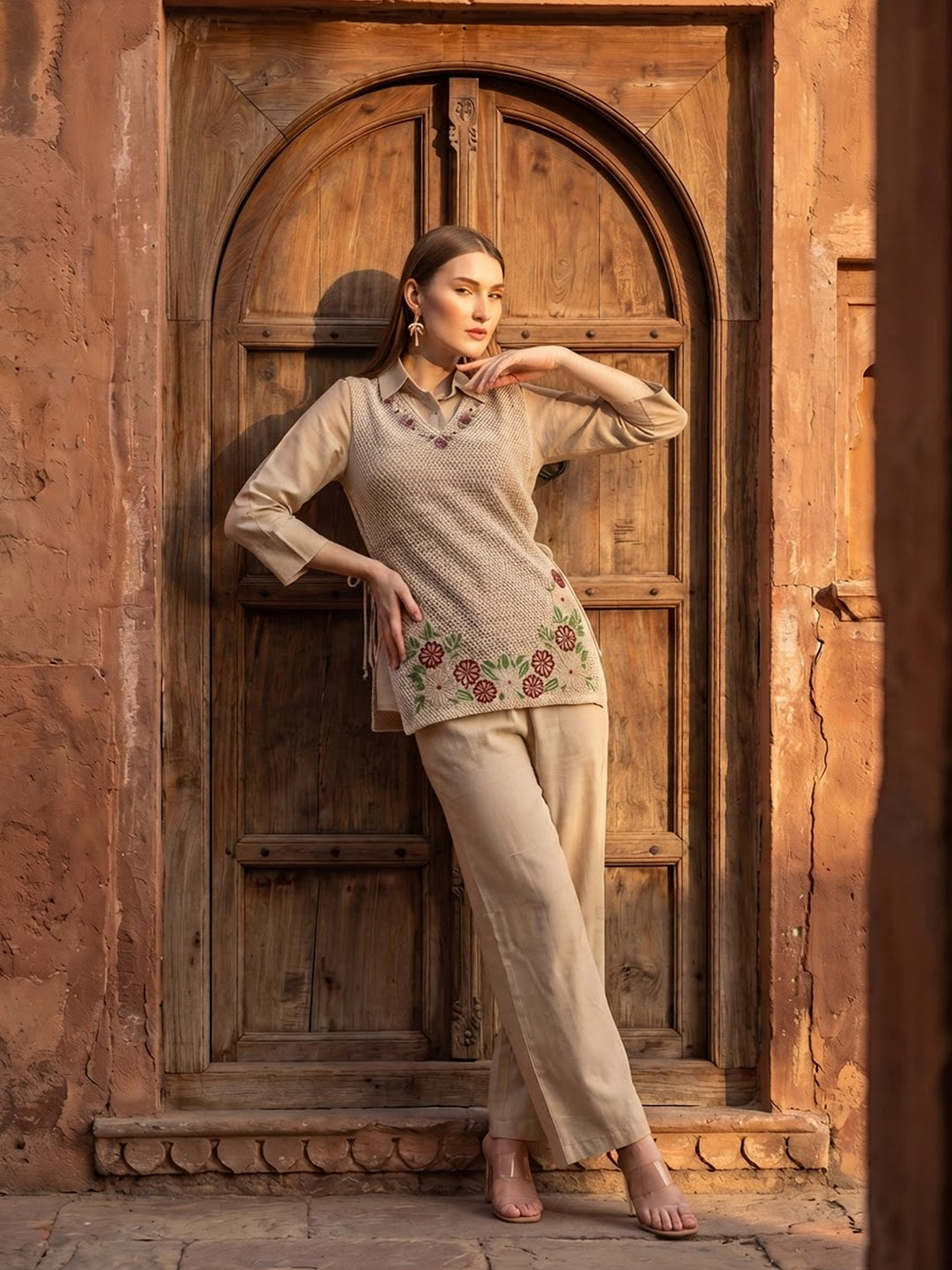 Zummer Women Beige Embroidered Pure Cotton Tunic & Trouser Co-Ord Set