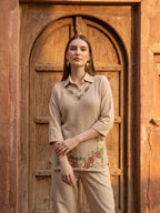 Zummer Women Beige Embroidered Pure Cotton Tunic & Trouser Co-Ord Set