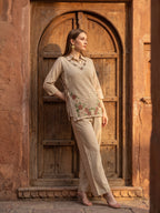 Zummer Women Beige Embroidered Pure Cotton Tunic & Trouser Co-Ord Set