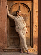 Zummer Women Beige Embroidered Pure Cotton Tunic & Trouser Co-Ord Set