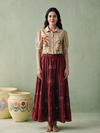 Zummer Women's Beige Embroidered Cotton Top & Skirt Co-Ord Set