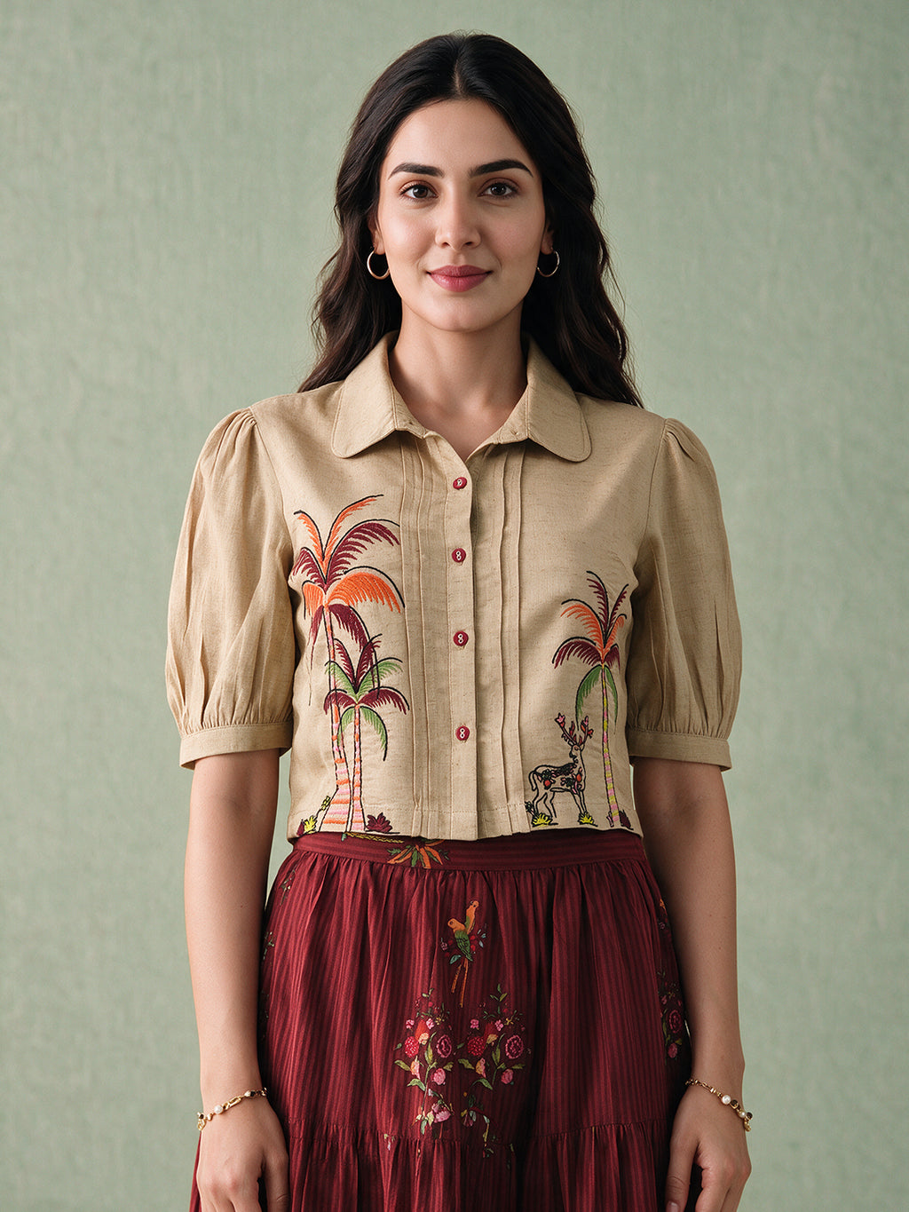 Zummer Women's Beige Embroidered Cotton Top & Skirt Co-Ord Set